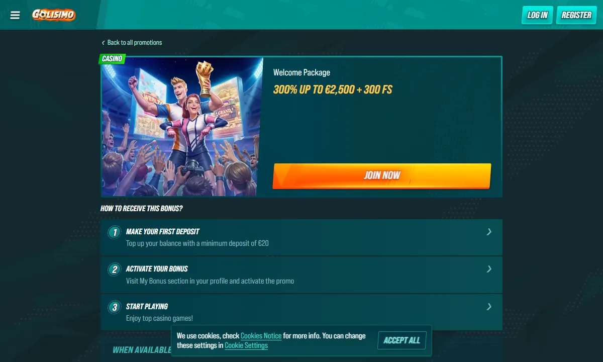 Angebotsseite von Golisimo Casino mit dem Welcome Package 300% bis 2.500 Euro und 300 Freispiele, zwei jubelnden Fußballfiguren mit Pokal und den drei Schritten zur Aktivierung