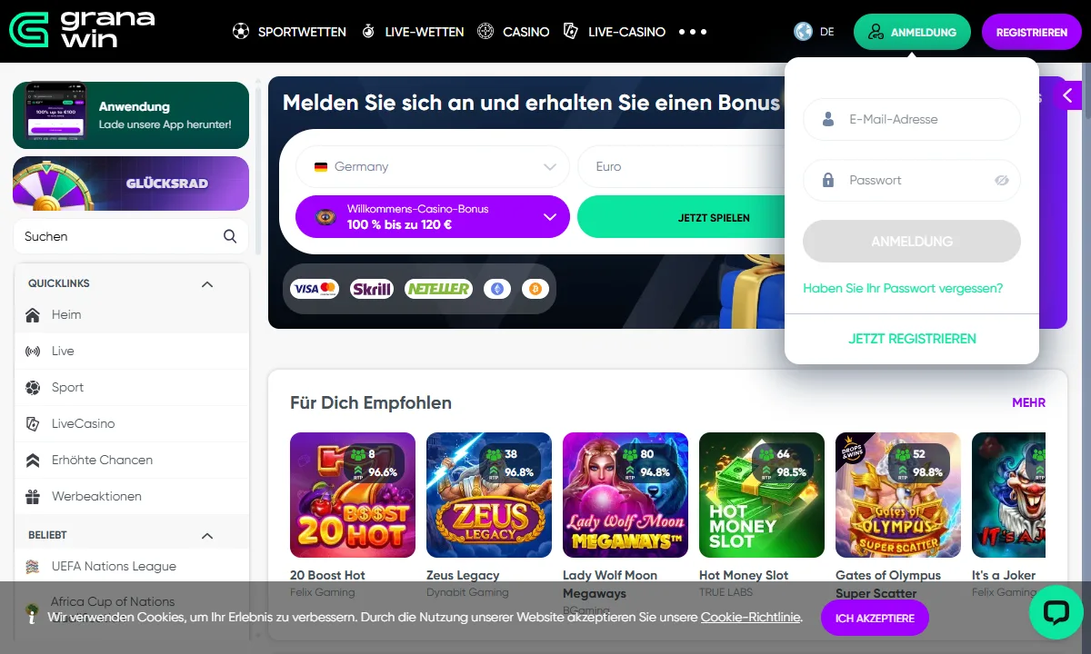 Leeres Anmeldefenster von Granawin Casino mit den Feldern für E-Mail-Adresse und Passwort