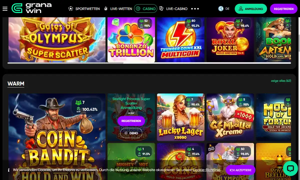 Spielelobby von Granawin Casino mit der Kategorie Warm und Kacheln, die eine RTP-Marke von 100,43 Prozent tragen