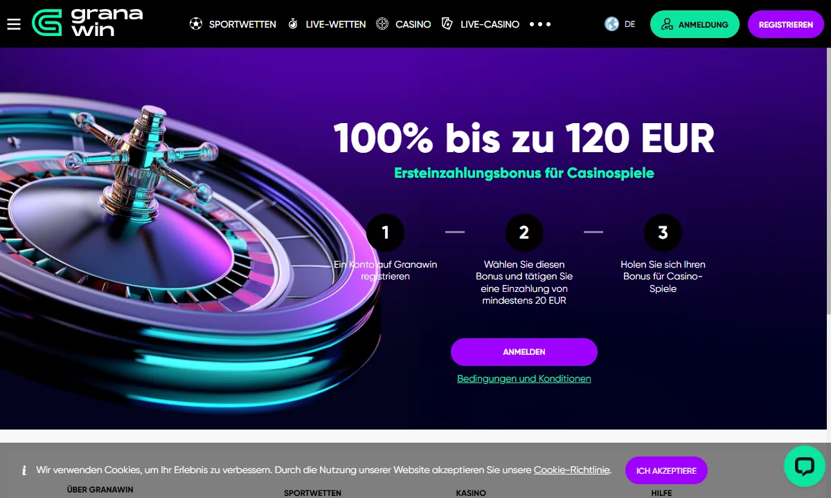 Angebotsseite von Granawin Casino mit dem Ersteinzahlungsbonus 100% bis zu 120 EUR und den drei Schritten zur Aktivierung
