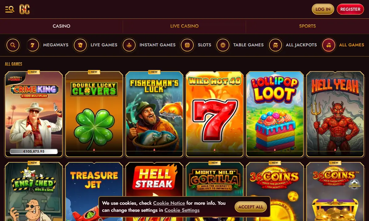 Lobby All Games von GrandClub Casino mit der Kategorieleiste Megaways, Live Games, Instant Games, Slots, Table Games und All Jackpots sowie zwölf Spielkacheln