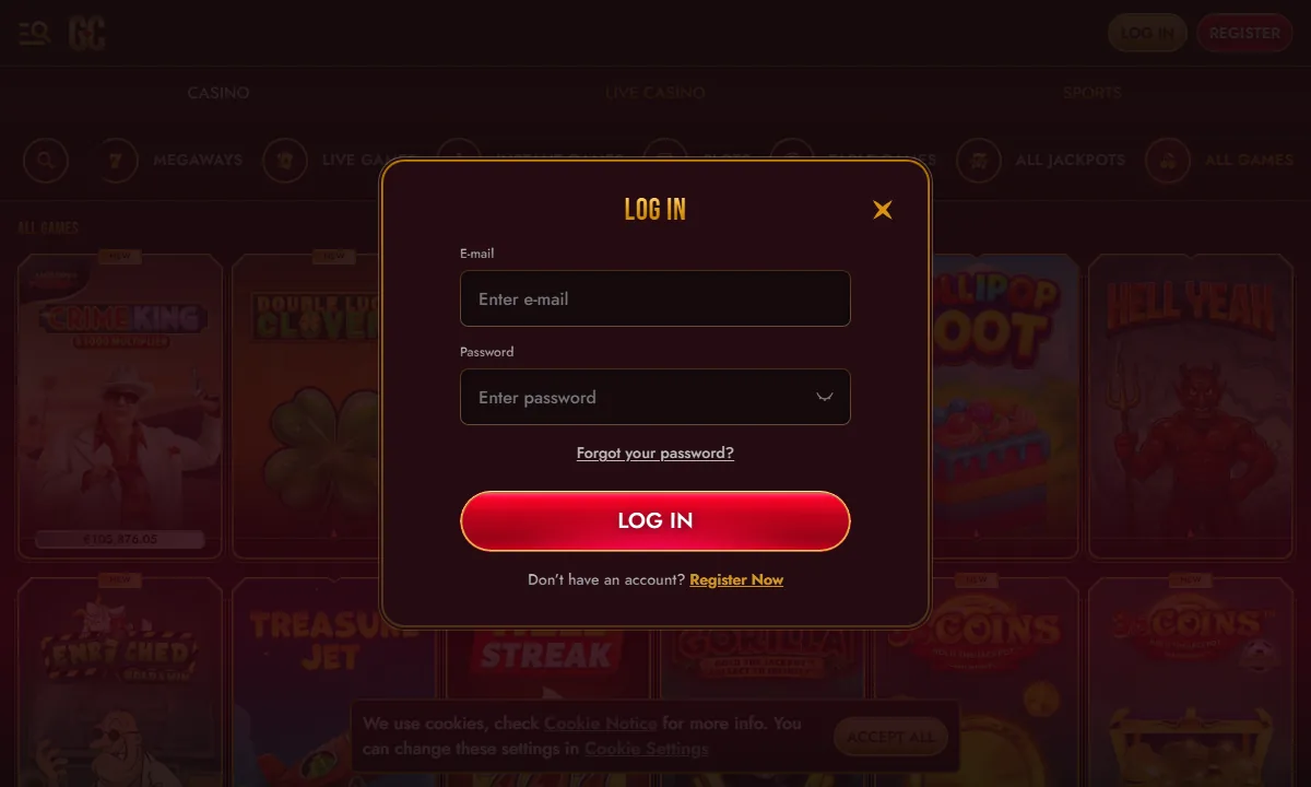 Leeres Anmeldefenster von GrandClub Casino mit den Feldern E-Mail und Passwort, dem Link Forgot your password und dem Knopf Log in