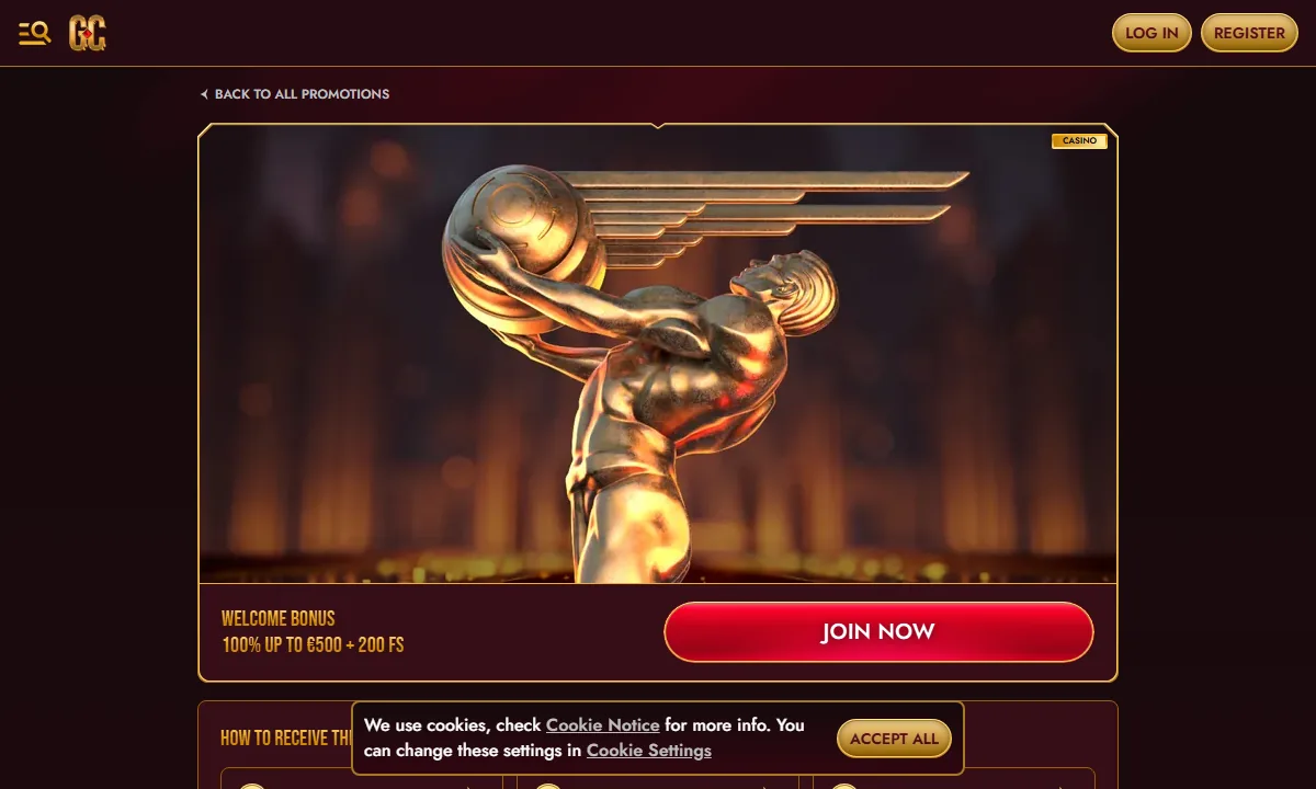 Angebotsseite von GrandClub Casino mit einer goldenen Flügelfigur, die eine Kugel hält, darunter Welcome Bonus 100% bis 500 Euro plus 200 Freispiele und der Knopf Join now