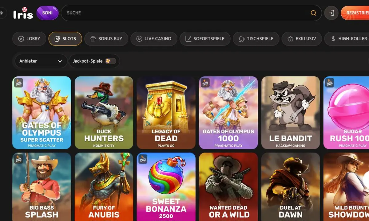 Slot-Lobby von Iris Casino mit Kategorieleiste und Spielen von Pragmatic Play, Nolimit City, Play'n GO und Hacksaw Gaming
