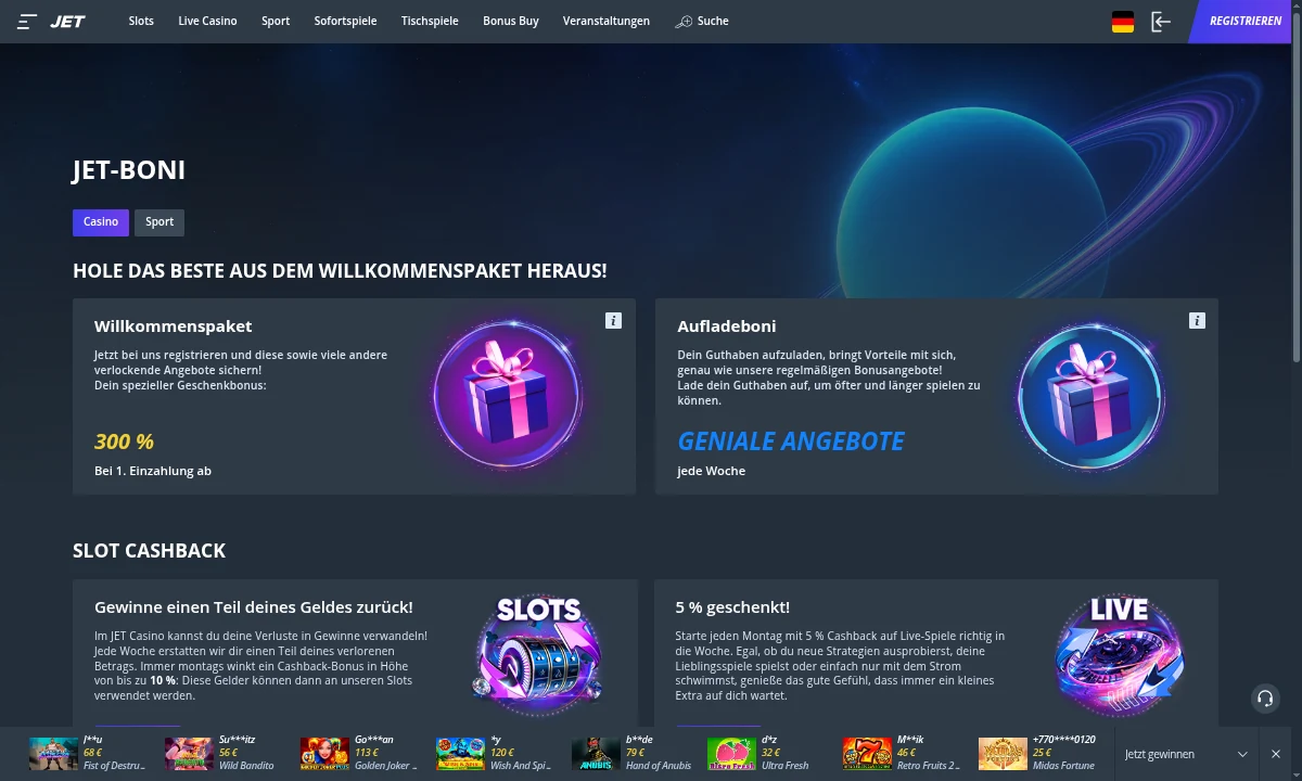 Bonusseite von Jet Casino mit der Karte Willkommenspaket, der Angabe 300 Prozent und der Zeile Bei 1. Einzahlung ab ohne Betrag