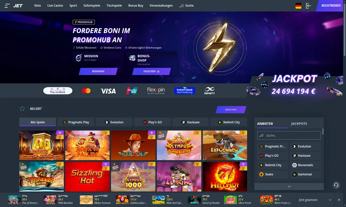 Slot-Lobby von Jet Casino mit Zahlungsleiste, Jackpotzähler und Spielen von Play'n GO, Pragmatic Play und Novomatic