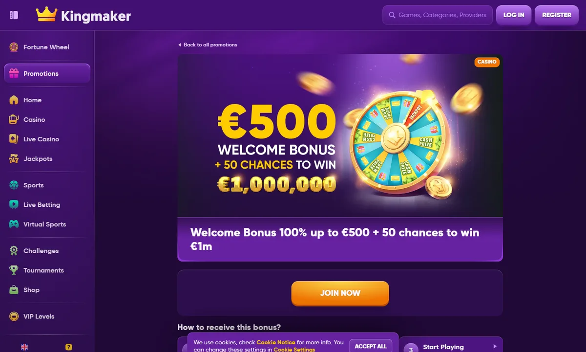 Angebotsseite mit dem Willkommensbonus über 100% bis 500€ und 50 Freispielen neben einem Glücksrad