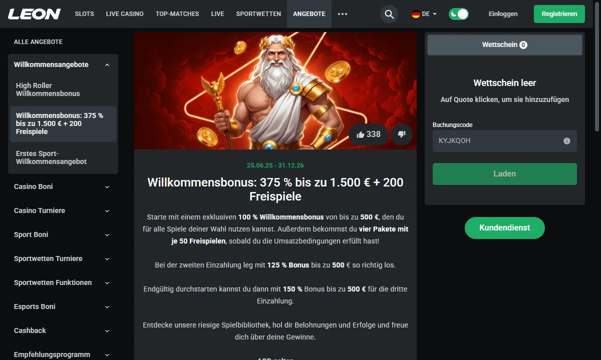 Angebotsseite von Leon Casino mit dem Willkommensbonus 375% bis zu 1.500€ und 200 Freispielen sowie den drei Bonusstufen