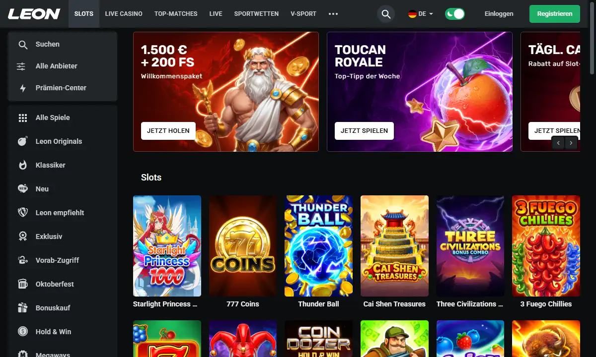 Spielelobby von Leon Casino mit der Kategorieleiste am linken Rand und den ersten Slot-Kacheln