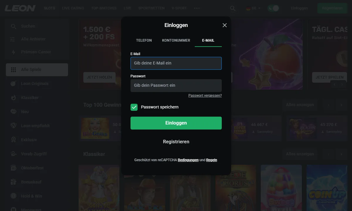 Leeres Anmeldefenster von Leon Casino mit den Reitern Telefon, Kontonummer und E-Mail