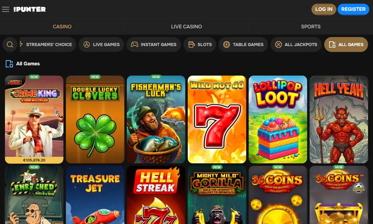 Lobby All Games von MrPunter Casino mit der Kategorieleiste von Streamers' Choice bis All Games und zwölf Spielkacheln, darunter Crime King, Double Lucky Clovers und Hell Yeah