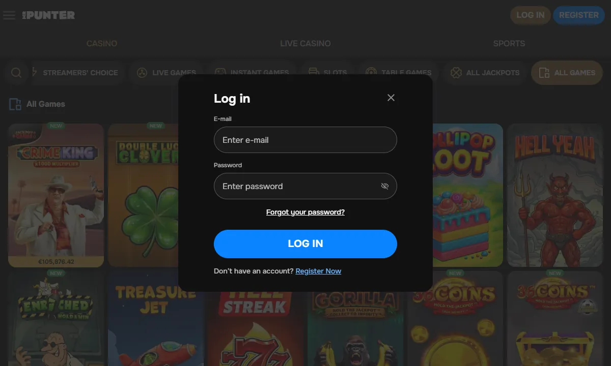 Leeres Log-in-Fenster von MrPunter Casino: Felder für E-Mail und Passwort, darunter Forgot your password und der Knopf Log in