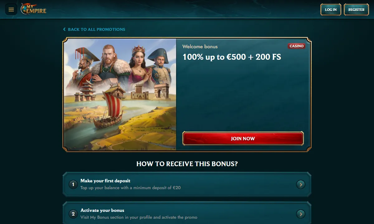 Aktionsseite von MyEmpire Casino mit der Karte Welcome bonus, 100% up to 500 Euro plus 200 FS und dem ersten Schritt Mindesteinzahlung 20 Euro