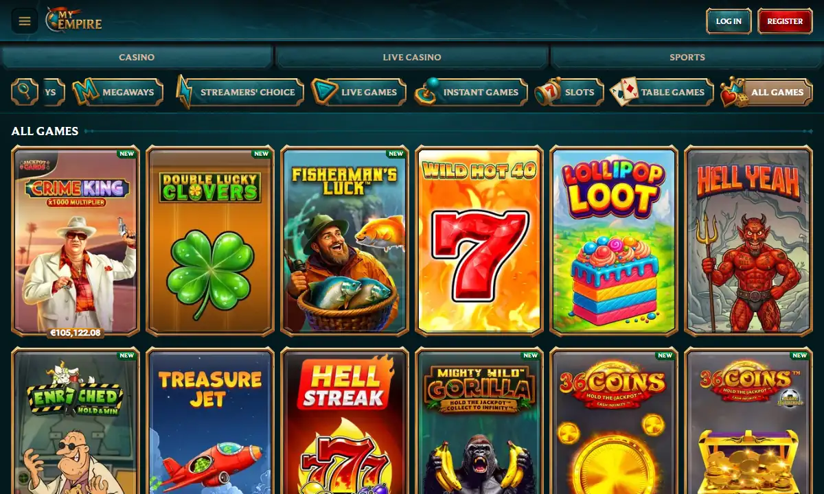 Lobby von MyEmpire Casino mit der Kategorie All Games, Kachelleiste von Megaways bis Table Games und neuen Slots wie Crime King 1000