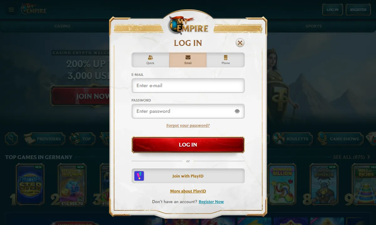 Leeres Login-Fenster von MyEmpire Casino mit den Reitern Quick, Email und Phone, der Option Join with PlayID und dahinter der Reihe Top Games in Germany