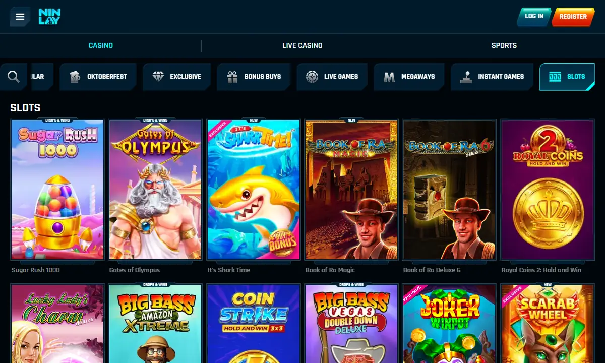 Slots-Lobby von Ninlay Casino mit der Kategorieleiste bis Slots und den Kacheln Sugar Rush 1000, Gates of Olympus, It's Shark Time, Book of Ra Magic, Book of Ra Deluxe 6 und Royal Coins 2
