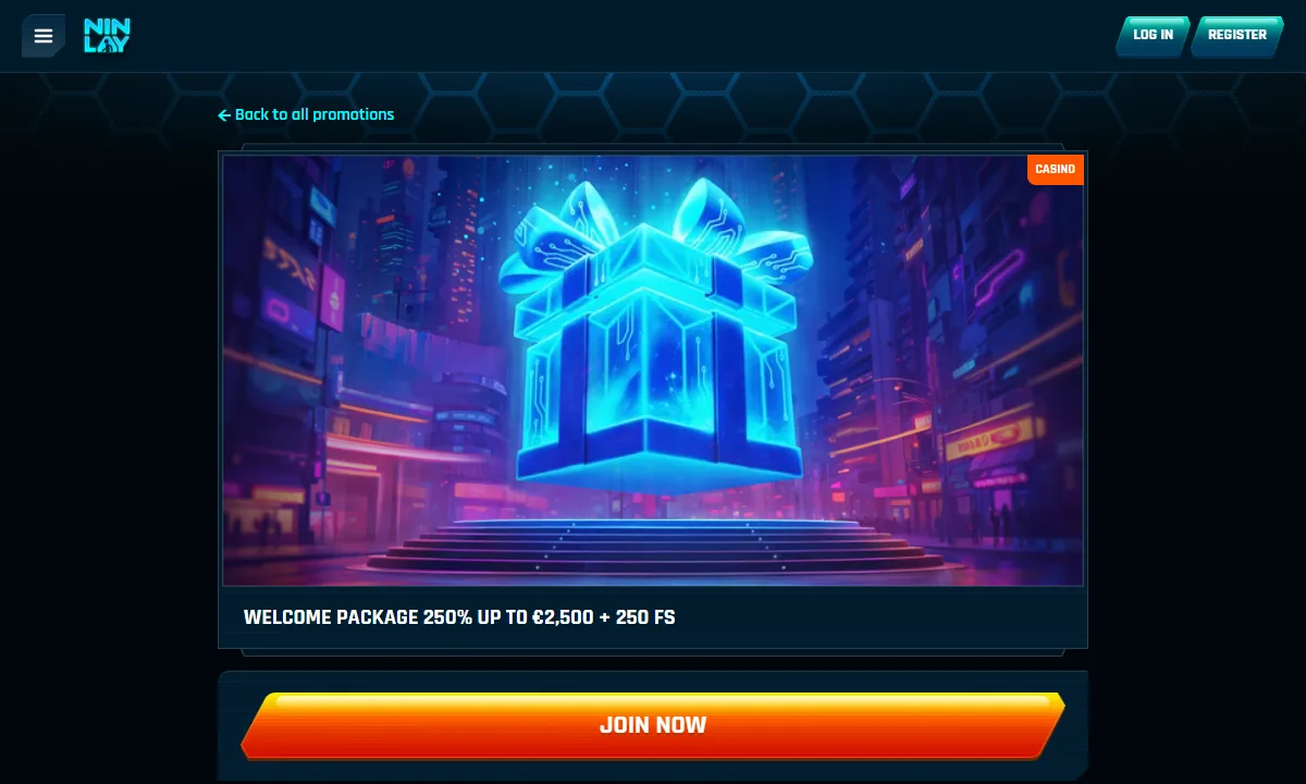 Aktionsseite von Ninlay Casino mit einem leuchtend blauen Geschenkpaket vor einer nächtlichen Neonstadt, darunter Welcome Package 250% bis 2.500 Euro plus 250 Freispiele und ein orangefarbener Knopf Join now