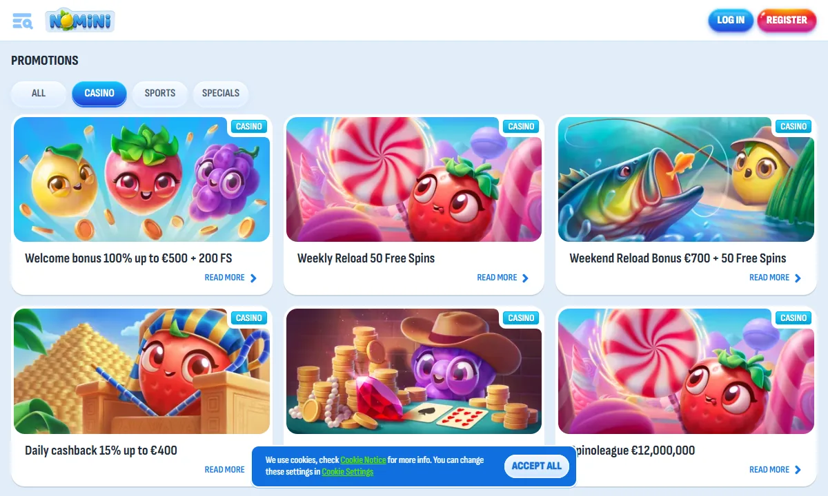 Aktionsseite von Nomini Casino mit Fruchtfiguren auf sechs Karten, darunter Welcome bonus 100% up to €500 + 200 FS, Weekend Reload Bonus €700 + 50 Free Spins und Daily cashback 15% up to €400