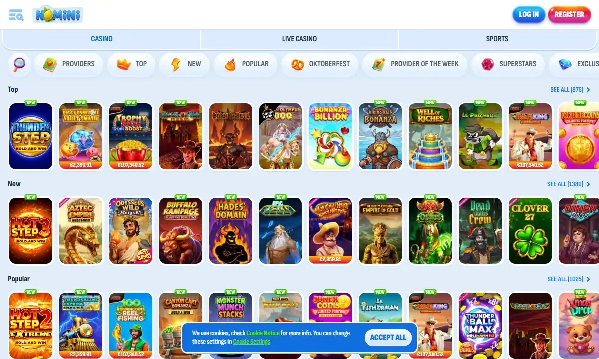 Spielelobby von Nomini Casino mit der Leiste Providers, Top, New, Popular, Oktoberfest und Superstars sowie den Reihen Top, New und Popular mit ihren Zählern