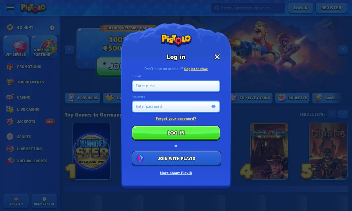 Leeres Anmeldefenster von Pistolo Casino mit den Feldern für E-Mail und Passwort und der Schaltfläche für die Anmeldung über PlayID