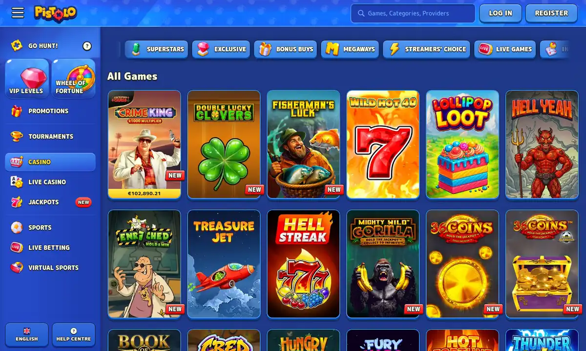 Spielelobby von Pistolo Casino mit der Liste Alle Spiele, der Kategorieleiste darüber und der Seitenleiste mit Go Hunt, VIP Levels und Wheel of Fortune