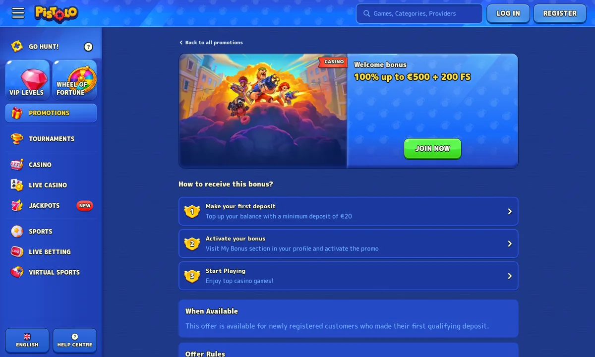 Angebotsseite von Pistolo Casino mit dem Willkommensbonus 100% bis 500 Euro und 200 Freispielen sowie den drei Schritten zur Aktivierung