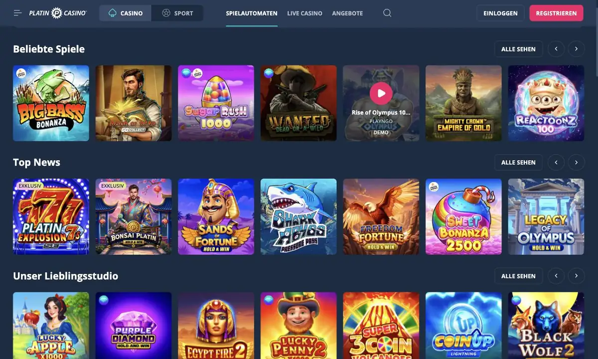 Spielelobby von Platin Casino mit den Reihen Beliebte Spiele, Top News und Unser Lieblingsstudio