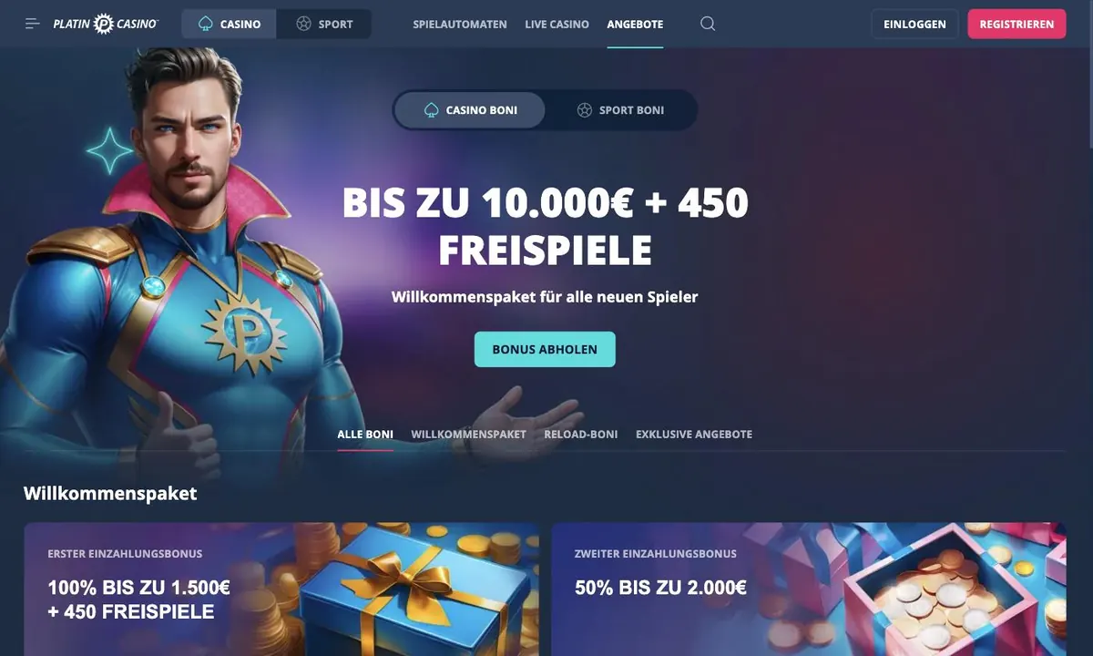 Angebotsseite von Platin Casino mit dem Willkommenspaket bis zu 10.000€ und 450 Freispielen