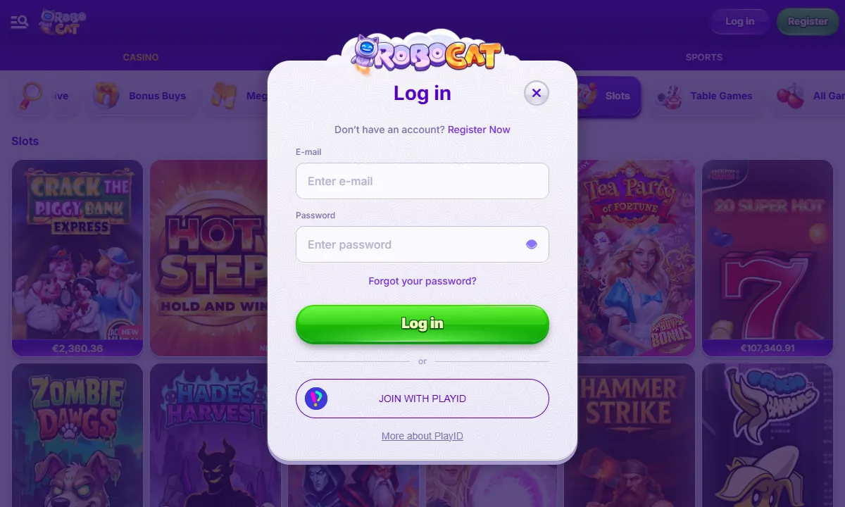 Leeres Login-Fenster von RoboCat Casino mit Katzenlogo, Feldern für E-Mail und Passwort, grünem Knopf Log in und darunter dem Zugang Join with PlayID