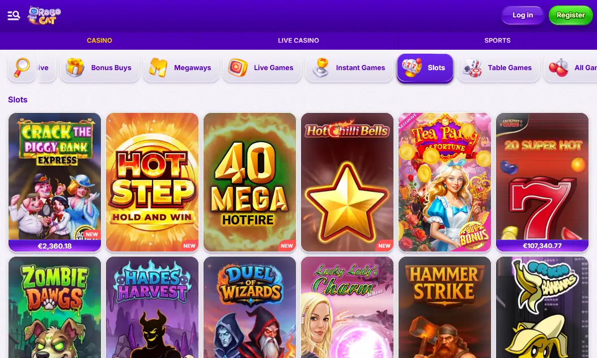 Slot-Rubrik von RoboCat Casino mit Kacheln wie Crack the Piggy Bank Express, Hot Step, 40 Mega Hotfire und Tea Party of Fortune unter den Reitern Casino, Live Casino und Sports