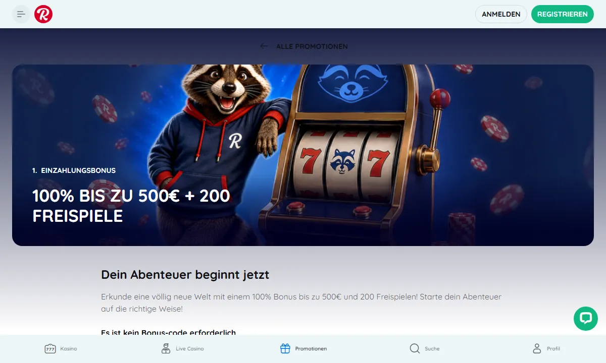 Angebotsseite der ersten Bonusstufe von Rooli Casino mit 100% bis 500 Euro und 200 Freispielen, darunter der Hinweis, dass kein Bonuscode nötig ist