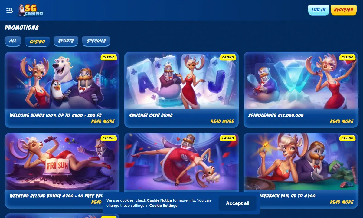Aktionsübersicht von SG Casino mit dem Willkommensbonus, der Amusnet Cash Bomb und den beiden Cashback-Angeboten