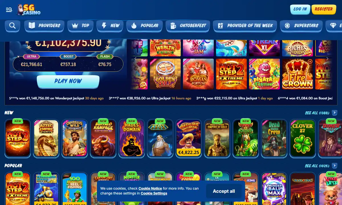 Spielelobby von SG Casino mit dem WonderPot-Jackpot und den Reihen New und Popular