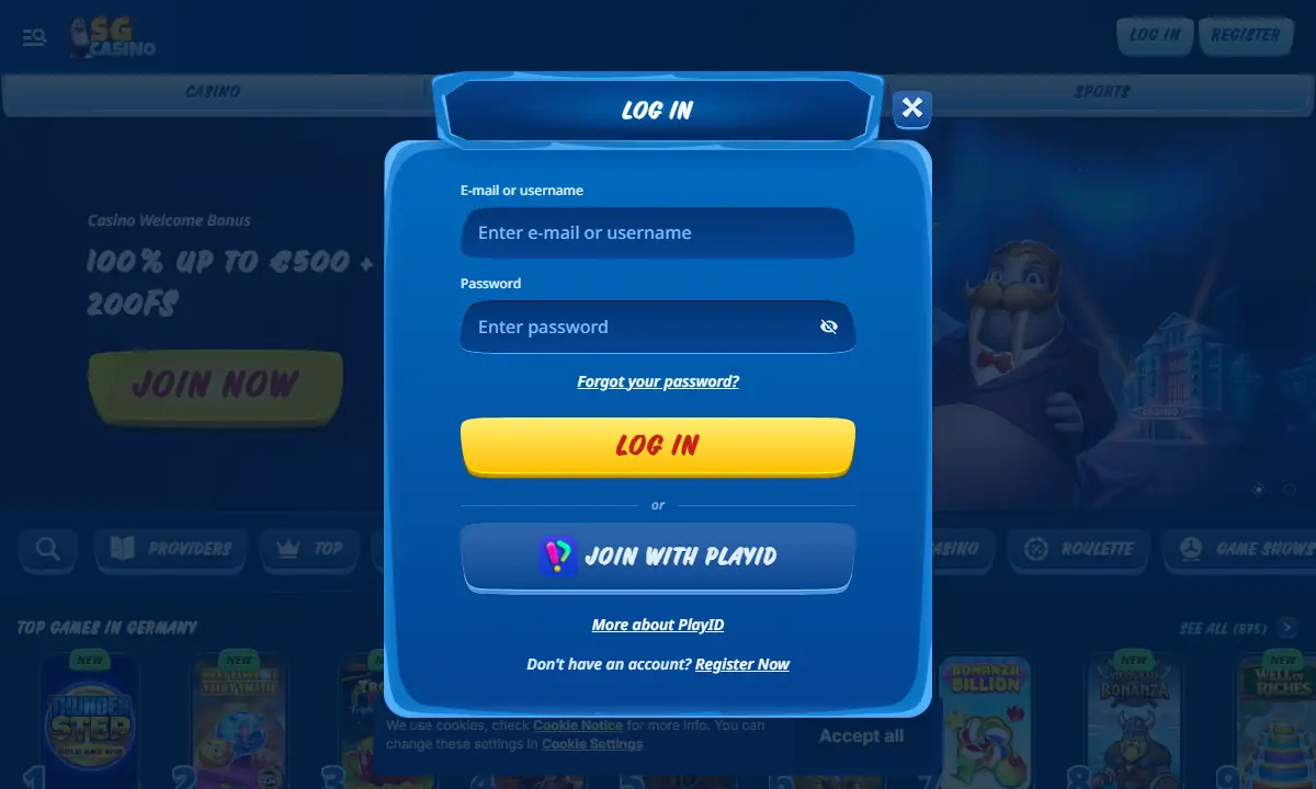 Anmeldefenster von SG Casino ohne Eingaben, zwei leere Zeilen für Mailadresse und Kennwort, darunter die Schaltfläche Join with PlayID