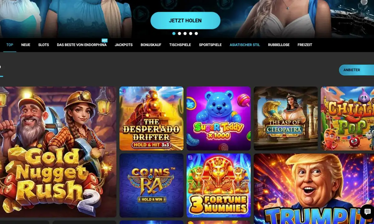 Spielelobby mit Kategorien von Top bis Freizeit und den ersten Spielkacheln