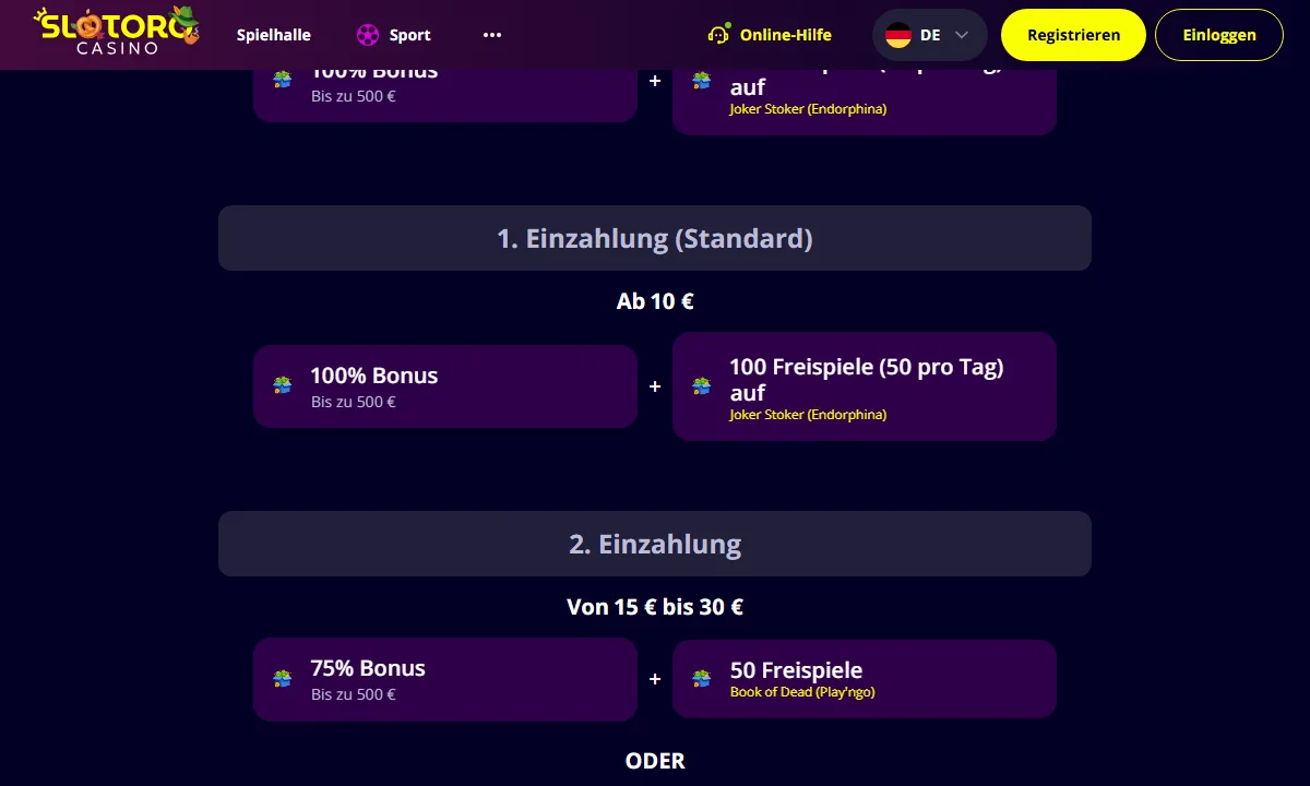 Angebotsseite von Slotoro Casino mit den Karten für die erste und zweite Einzahlung, Prozentsätzen und Freispielzahlen