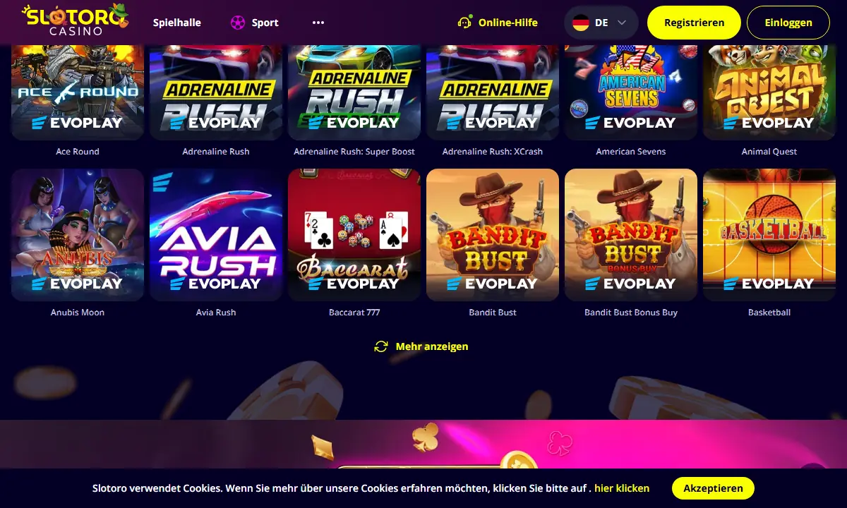 Spielelobby von Slotoro Casino mit Kacheln wie Ace Round, Adrenaline Rush und Bandit Bust, jede mit Demo-Knopf