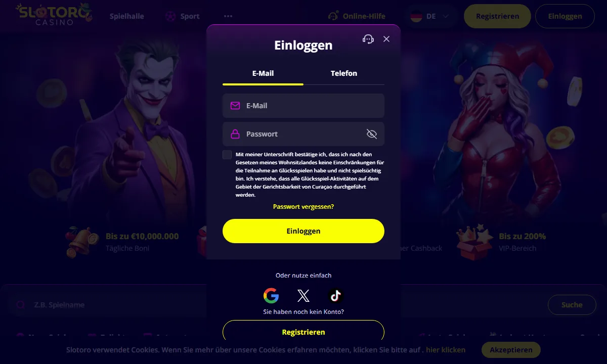 Leeres Anmeldefenster von Slotoro Casino mit den Reitern für E-Mail und Telefon und dem Hinweis auf die Gerichtsbarkeit Curaçao