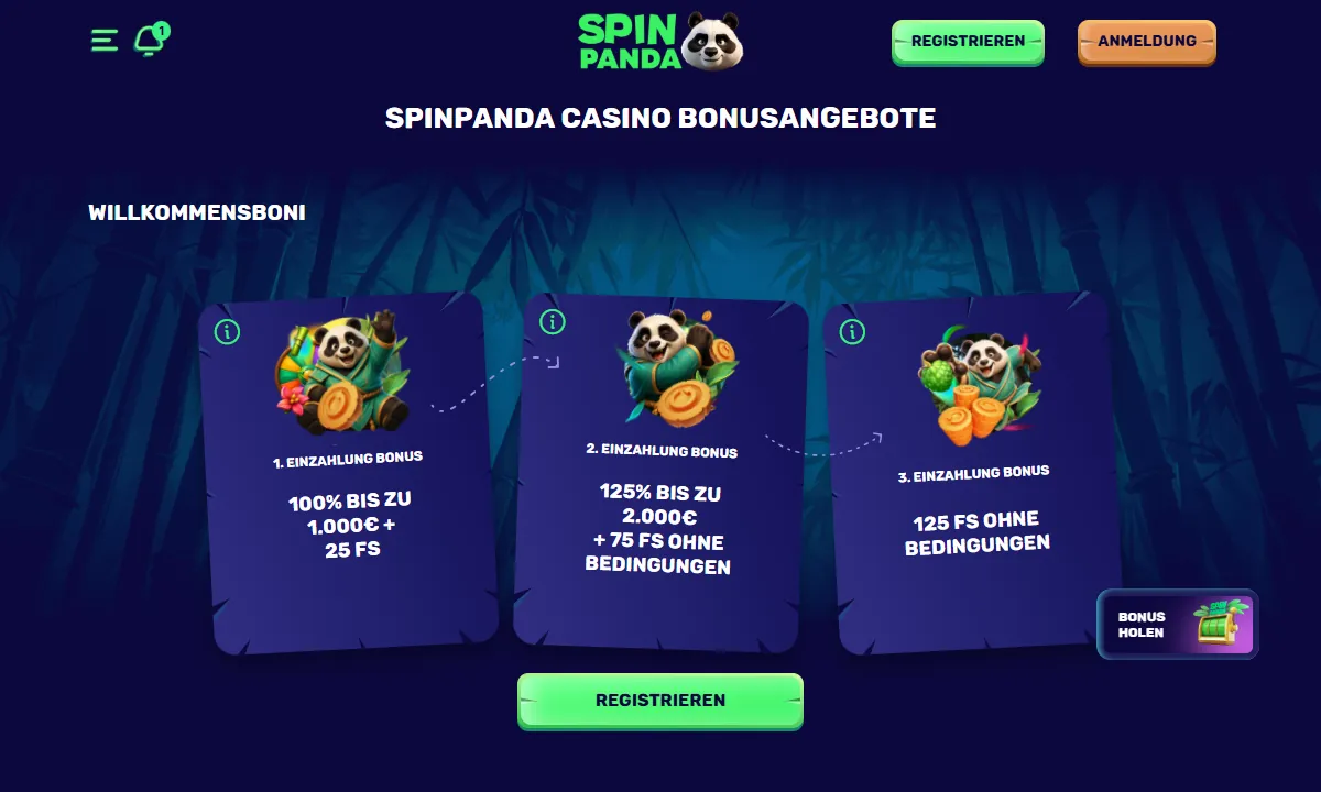 Aktionsseite von Spin Panda Casino mit drei Karten für die erste, zweite und dritte Einzahlung: 100% bis 1.000€ plus 25 Freispiele, 125% bis 2.000€ plus 75 Freispiele und 125 Freispiele ohne Bedingungen