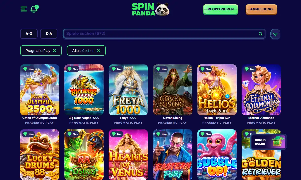 Lobby von Spin Panda Casino mit aktivem Filter Pragmatic Play, im Suchfeld der Zähler 672, darunter die Kacheln Gates of Olympus 2500, Big Bass Vegas 1000 und Freya 1000