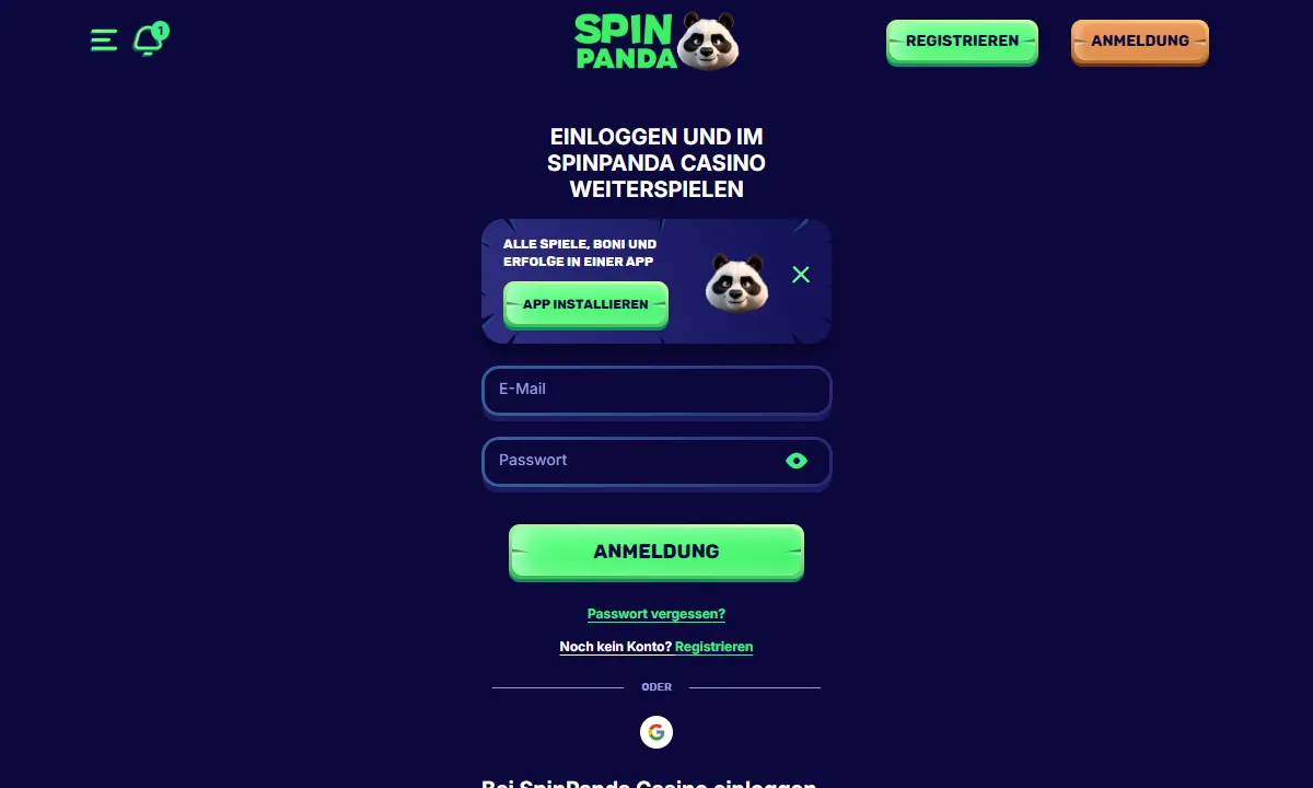 Leeres Anmeldefenster von Spin Panda Casino mit Feldern für E-Mail und Passwort, grünem Knopf Anmeldung und einem Google-Symbol unter dem Trennstrich