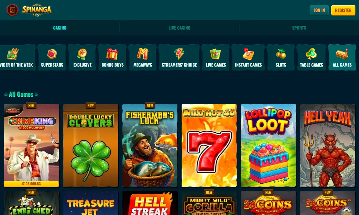 Spielelobby von Spinanga Casino mit einer Leiste aus Kategoriekacheln und darunter Spielkacheln, über der ersten ein laufender Jackpot-Stand