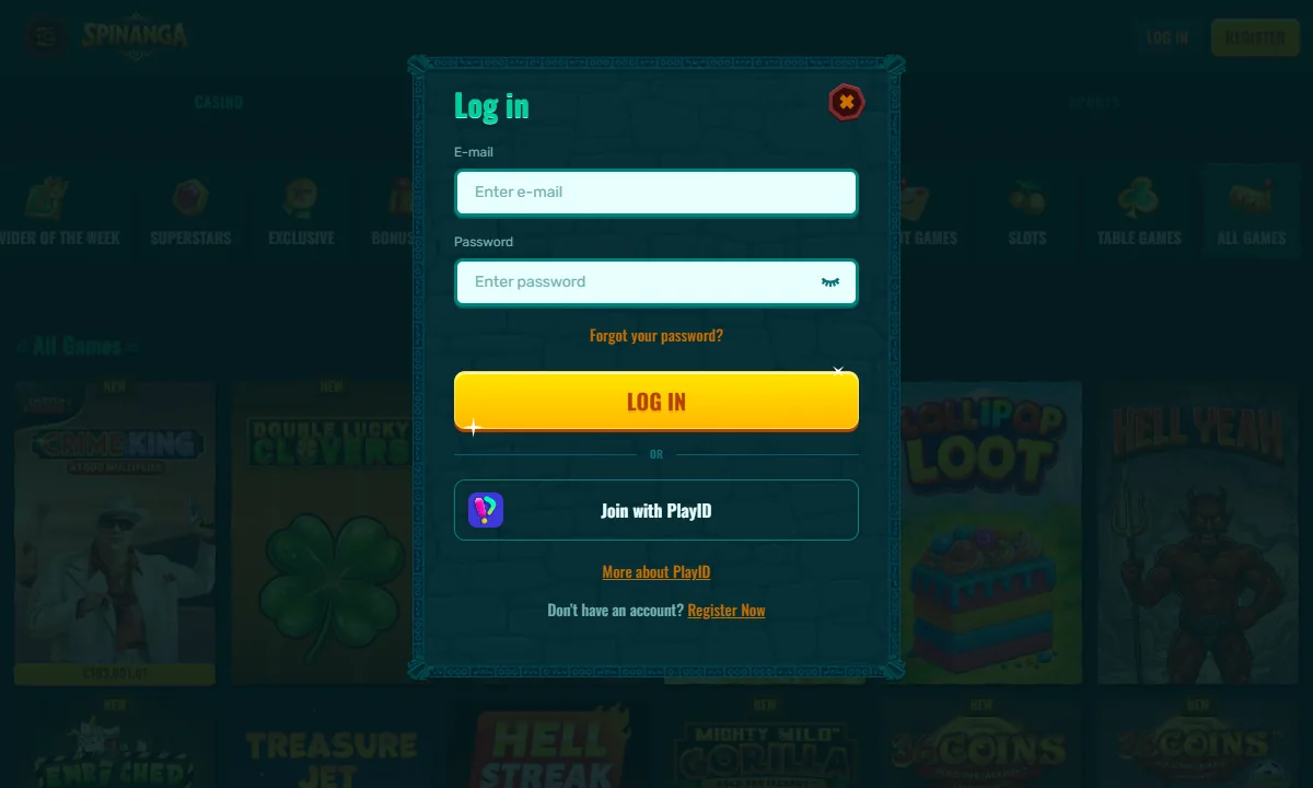 Leeres Anmeldefenster mit Feldern für E-Mail und Passwort und darunter dem Weg Join with PlayID