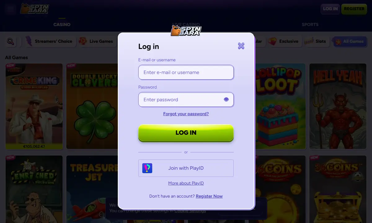 Leeres Anmeldefenster von Spinbara Casino mit Feldern für E-Mail oder Benutzername und Passwort sowie der Schaltfläche Join with PlayID