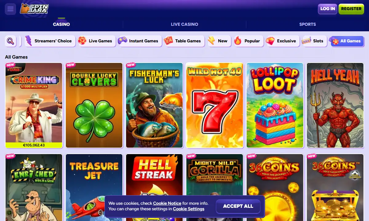 Spielelobby von Spinbara Casino mit der Liste All Games, der Kategorieleiste mit Streamers' Choice, Live Games und Table Games und den ersten zwölf Spielkacheln
