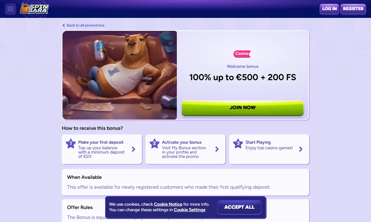 Angebotsseite von Spinbara Casino mit dem Willkommensbonus 100% bis 500 Euro und 200 Freispielen, einem Wasserschwein auf dem Sofa und den drei Schritten zur Aktivierung