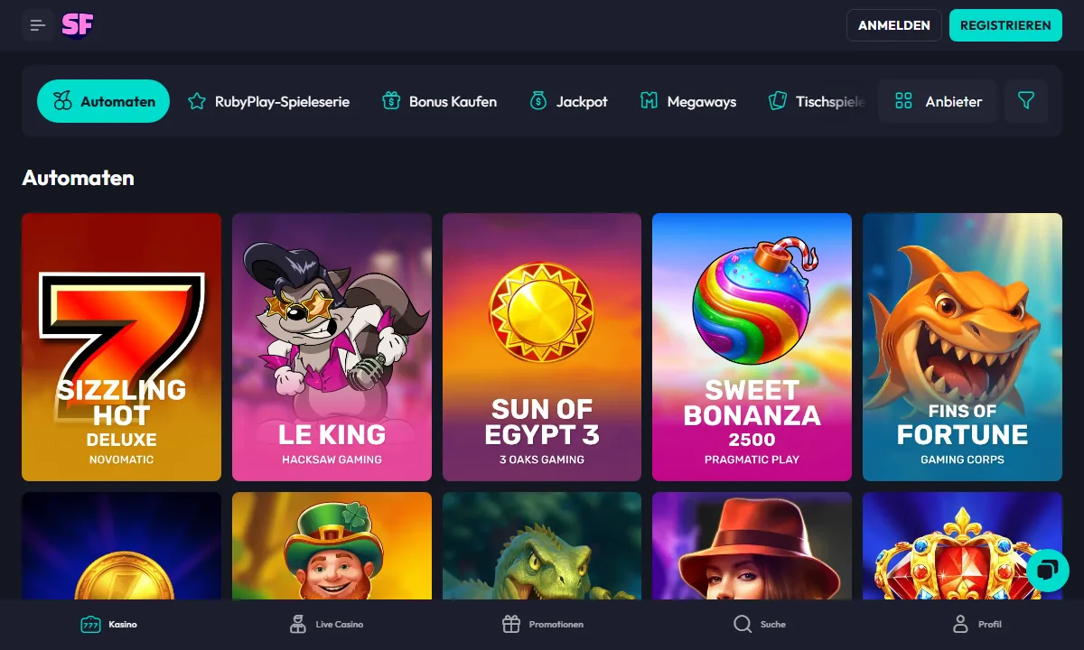 Automatenlobby von SpinFever Casino mit Kategorieleiste und Kacheln für Sizzling Hot Deluxe, Le King, Sun of Egypt 3, Sweet Bonanza 2500 und Fins of Fortune