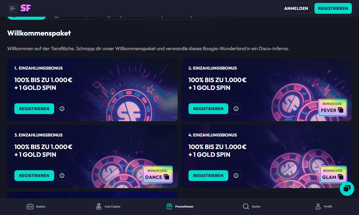 Aktionsseite von SpinFever Casino mit vier Karten für die erste bis vierte Einzahlung, jeweils 100% bis zu 1.000 Euro und ein Gold Spin, dazu die Codes FEVER, DANCE und GLAM
