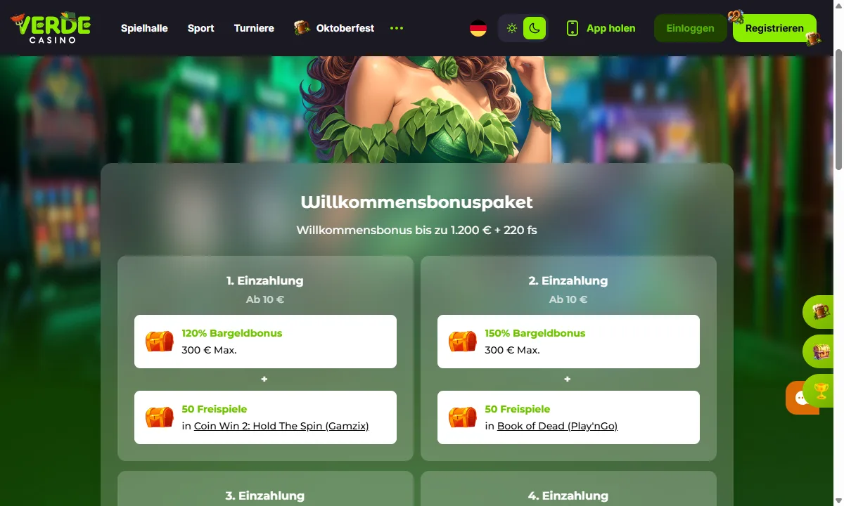 Angebotsseite von Verde Casino mit dem Willkommenspaket bis zu 1.200€ und den Karten der ersten beiden Einzahlungen