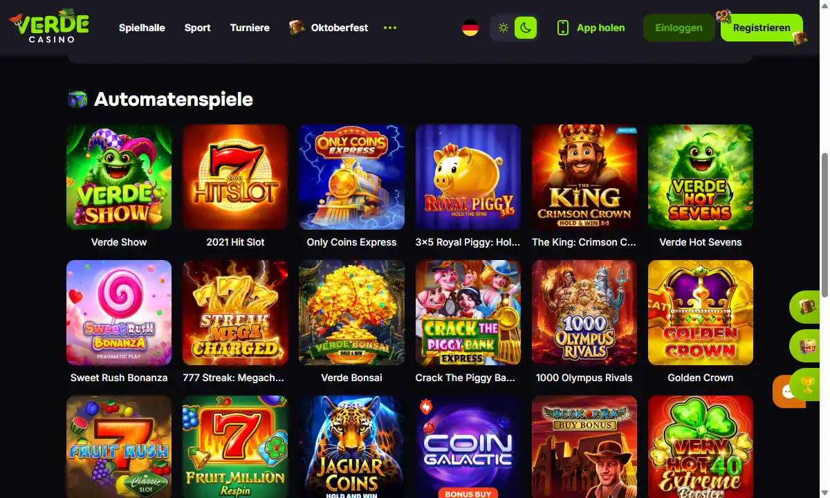 Spielelobby von Verde Casino mit der Kategorie Automatenspiele und Kacheln wie Verde Show, Verde Bonsai und Sweet Rush Bonanza